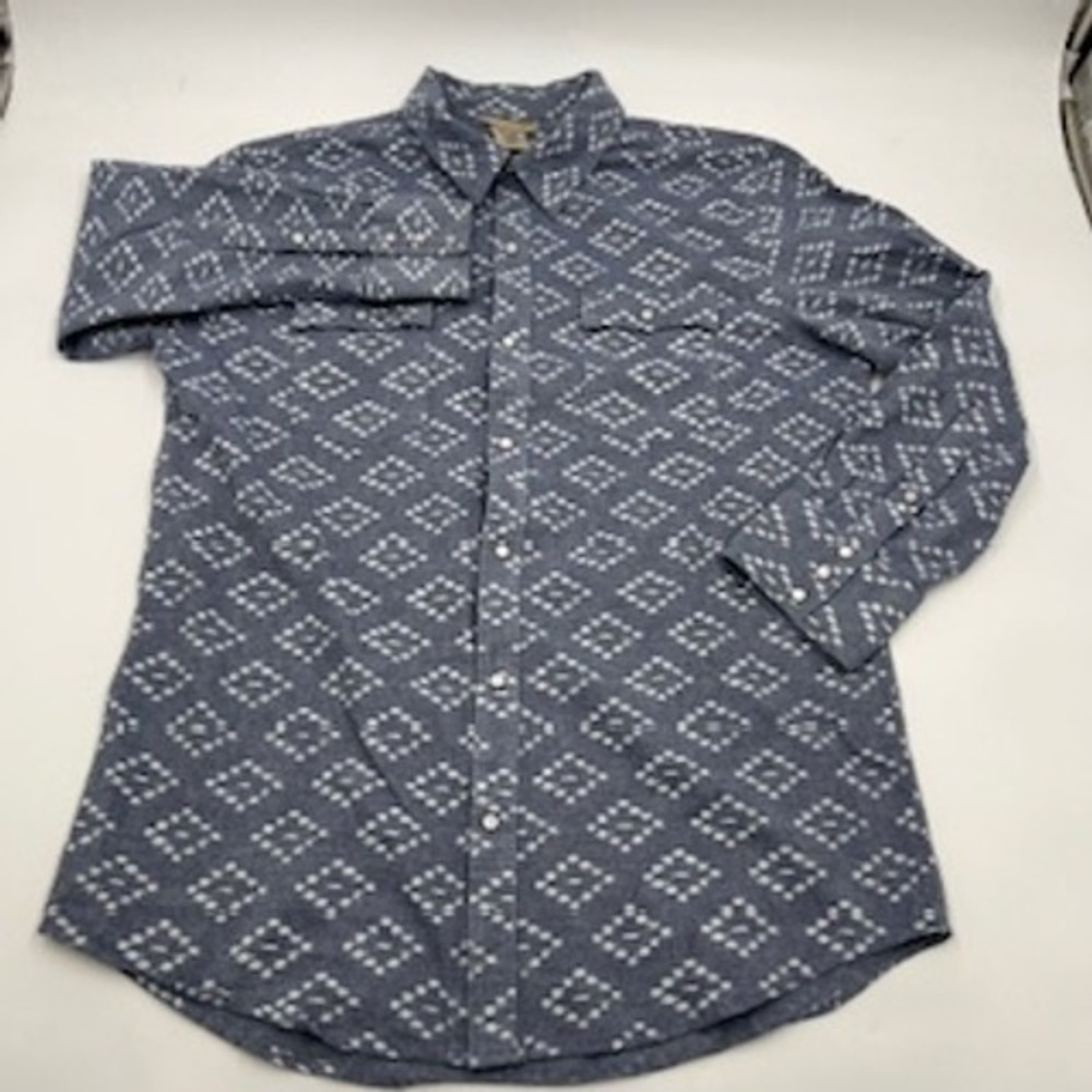 90's Scandia Woods Mens Blue Geometric Ikat Western Pearl Snap Shirt L